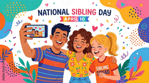 Happy siblings taking selfie on national sibling day april 10 celebrating family bond with colorful confetti and hearts