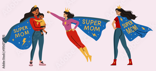 Mother Superhero with Child Super Mom Concept