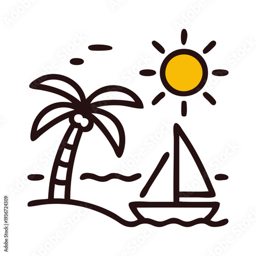 Logo agencia de viajes. Vacaciones de verano. Dibujo sencillo con líneas de la palma en una playa con sol y un barco de vela con olas de mar