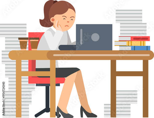 Stressful woman on office job. Work overload icon