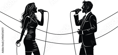 Singing duet silhouette illustration, male female vocalists, microphone performance artwork, live music concept, stage entertainment design, concert vocal interaction