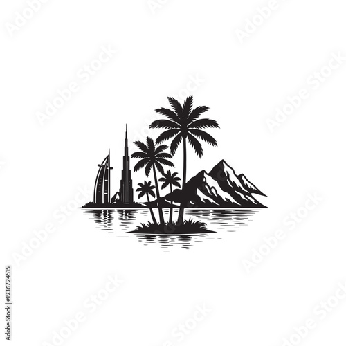 Skyscrapers, mountains, palm trees, and ocean vector silhouette. Summer landscape with skyscrapers and palm trees vector silhouette.