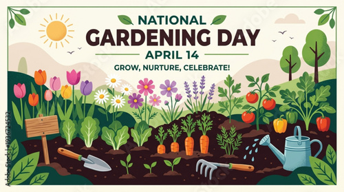National gardening day illustration with garden tools and colorful flowers on april 14