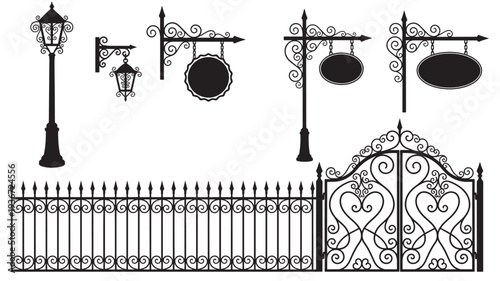Ornate wrought iron street lamps, hanging lanterns, directional signs with oval and circular shapes, and a decorative garden gate with hearts.