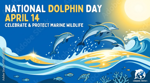 Dolphins jumping out of ocean waves on national dolphin day to celebrate and protect marine wildlife