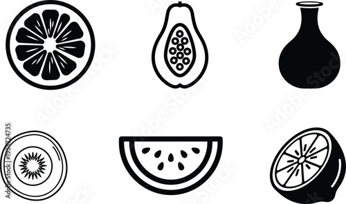 black and white fruit icons on white background