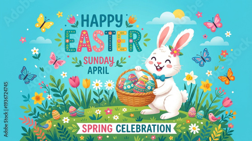 Happy easter sunday april illustration with white bunny holding basket of eggs in spring flowers and butterflies