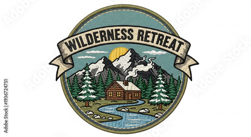 Wilderness retreat logo with cabin mountains and river serene natural scenery for adventure and relaxation