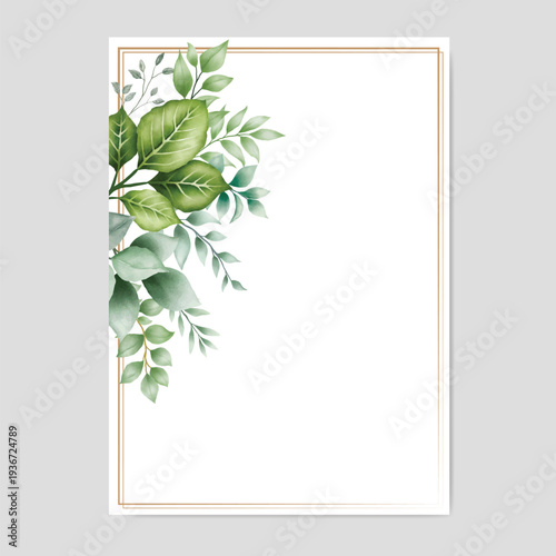 wedding invitation card template with green leaf watercolor on white background