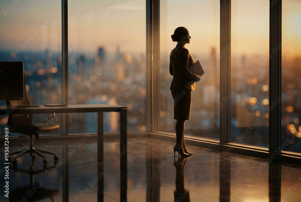 Fototapeta premium Businesswoman Standing in Modern Skyscraper Office Looking at City Skyline at Sunset, Leadership and Success Vision Concept, Professional Woman Holding Documents in Corporate Office