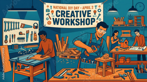 People working at creative workshop on national diy day april with tools and projects