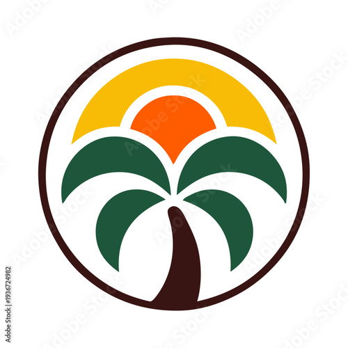 Logo agencia de viajes. Vacaciones de verano. Dibujo sencillo con silueta de la palma con un sol asomando por encima en el interior de un círculo 