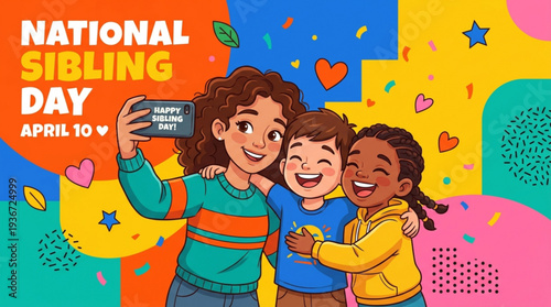 National sibling day illustration of diverse siblings taking selfie with colorful background