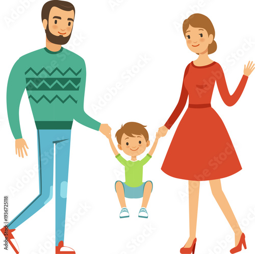 Man and woman play with little boy. Happy parenthood joy