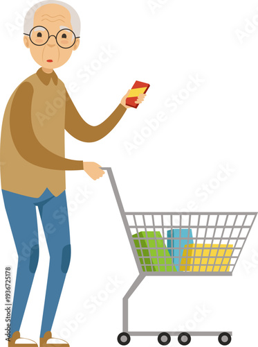 Old man push shopping cart. Supermarket customer trolley