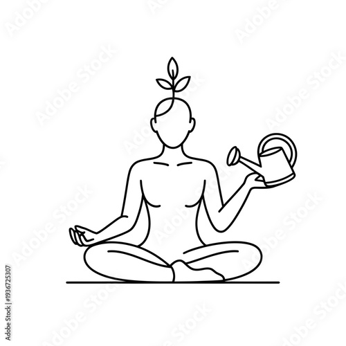 A woman meditates in lotus position with a watering can and plant