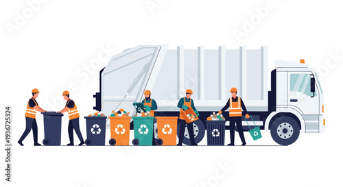 Waste management team with garbage truck vector