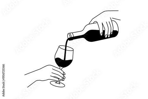 A wine bottle pouring red wine into a glass held by hand