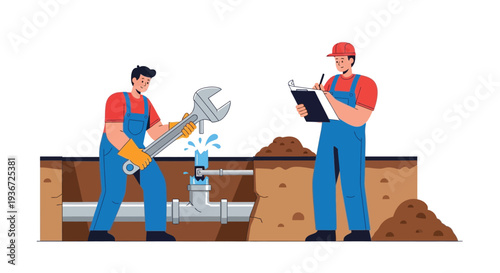 Plumbers fixing water pipes vector