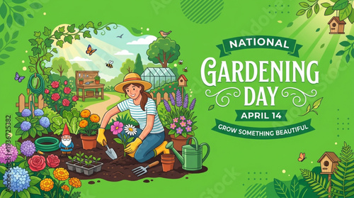 Woman gardening on national gardening day with flowers and tools in a vibrant green garden