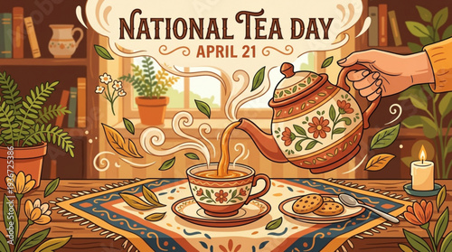 National tea day on april 21 a hand pouring hot tea from teapot into cup on table with cookies and candlelight