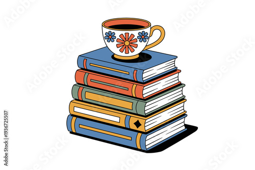 A stack of colorful books with a floral coffee cup on top