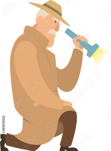Private investigator with pocket flashlight. Cartoon detective character
