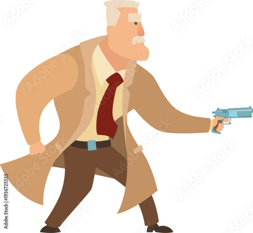 Man in coat pointing gun. Cartoon retro policeman