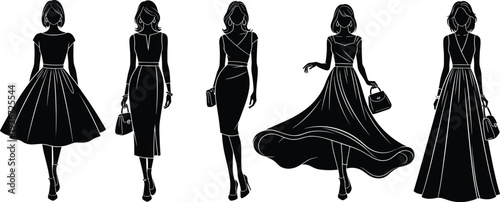 Elegant women fashion silhouette illustration, stylish dresses, evening gown, cocktail attire, handbag accessory, high heels, formal wear design artwork