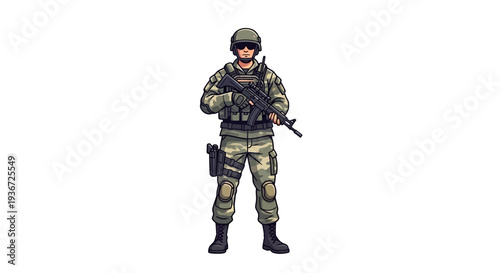 An armed soldier in camouflage gear and helmet stands ready with a rifle and sidearm against a clean white background