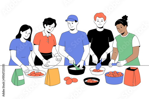A group of diverse people preparing food together in a kitchen