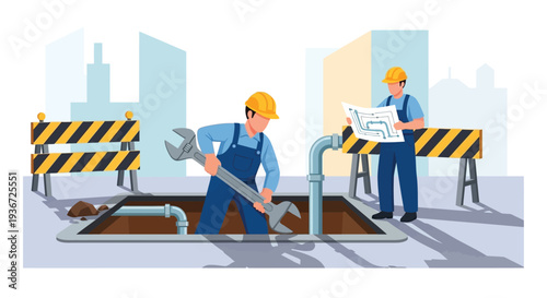 Utility workers repairing underground pipes vector