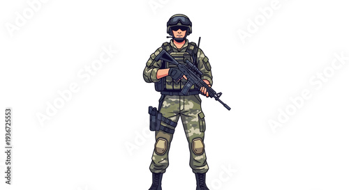 A soldier in camouflage gear and helmet stands ready with a rifle against a plain background