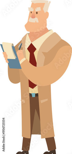 Detective write notes. Police investigation retro cartoon character