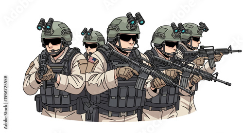 Illustration of soldiers in army gear including helmets and vests holding weapons like rifles and a drone on a plain white background with a military concept