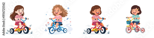Vector of a little girl riding a small tricycle. Vector, flat, illustration, minimalist, icon, icon set