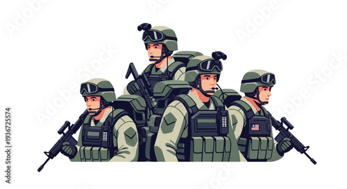 Military soldiers in tactical gear with helmets and rifles standing in formation against a clean white background with a strong and ready mood