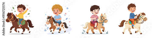 Vector of a little boy riding a pony. Vector, flat, illustration, minimalist, icon, icon set