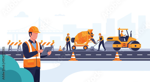 Construction supervisor overseeing roadwork vector