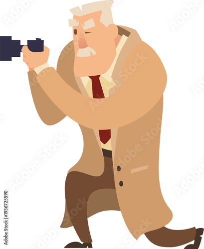 Private investigator make photo with vintage camera. Spying character