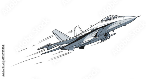 A gray fighter jet flies rapidly against a clean white background with motion lines, depicted in a vector illustration style with a sense of speed and advanced technology