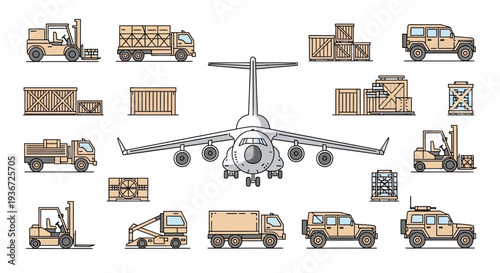 Infographic illustration of military transportation concept with plane, trucks, tanks, drones, ships, and cargo in a vector design