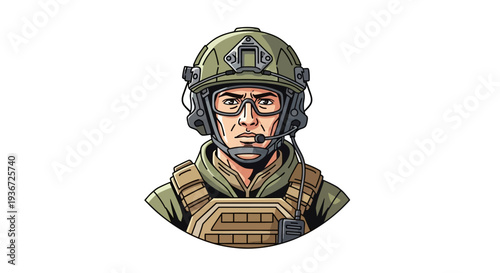 An infographic illustration of a soldier wearing a green helmet and army vest with a stern expression on a white background