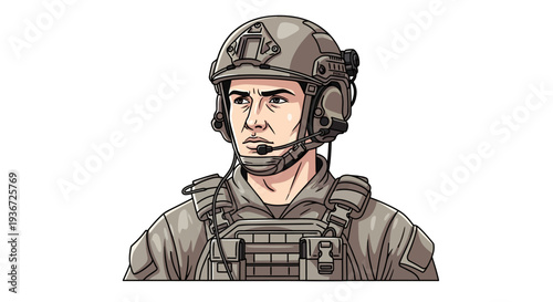 An illustration of a military soldier wearing a helmet and armor vest with a serious expression on a plain background