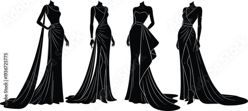 Elegant women evening gown silhouette illustration, fashion design artwork, formal wear dresses, stylish clothing, couture attire, glamorous outfit concept