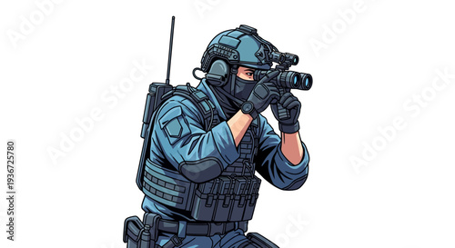 A soldier in a tactical uniform and helmet aims a weapon while wearing a bulletproof vest and carrying a communication device on a clean white background with a military concept