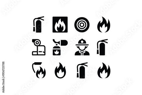 Firefighter icon set including fireman silhouette and flame symbols