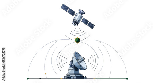 A satellite communicates with a large satellite dish on the ground, exchanging data through a wireless connection, set against a clean white background with a technological feel