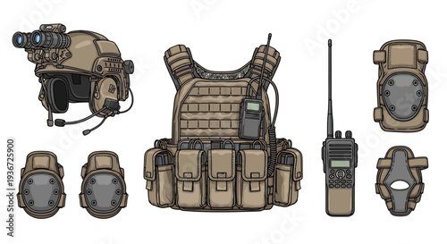 Military tactical gear set including army vest, helmet, drone, walkie-talkie, and other equipment for soldier, displayed on a clean white background with a technological and transportation