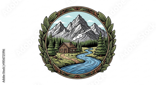 Mountain cabin scene with river and snow capped peaks in circular frame with laurel wreath border